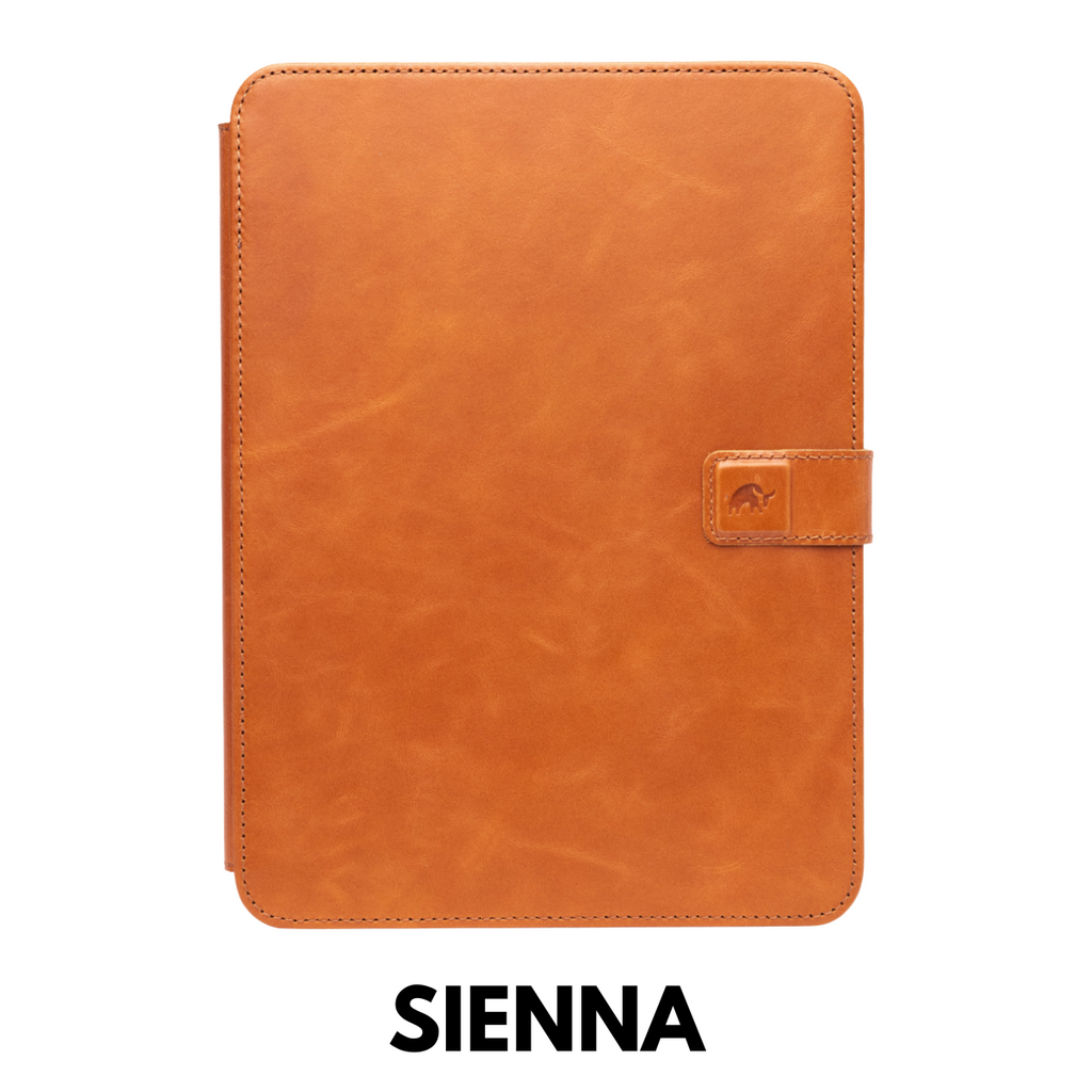 SIENNA tan leather iPad folio case with stitched edges and magnetic strap closure