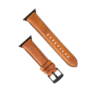 Brown leather Apple Watch strap with black buckle