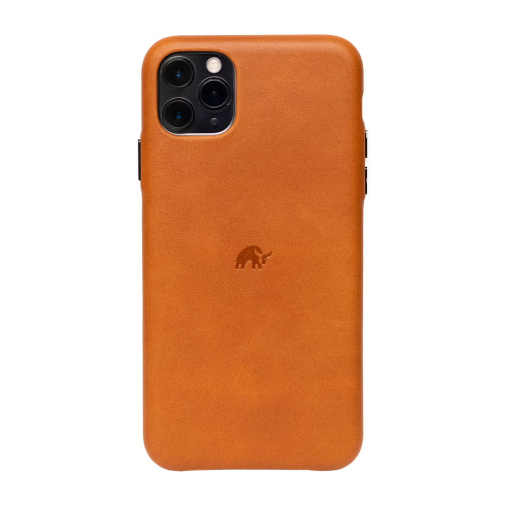 Classic leather iPhone case in tan color with a bull logo