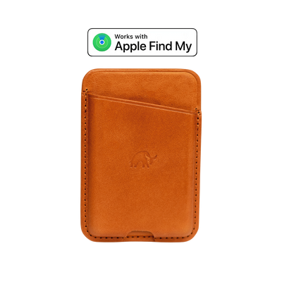 Tan leather MagSafe wallet with card pocket; Works with Apple Find My badge above.