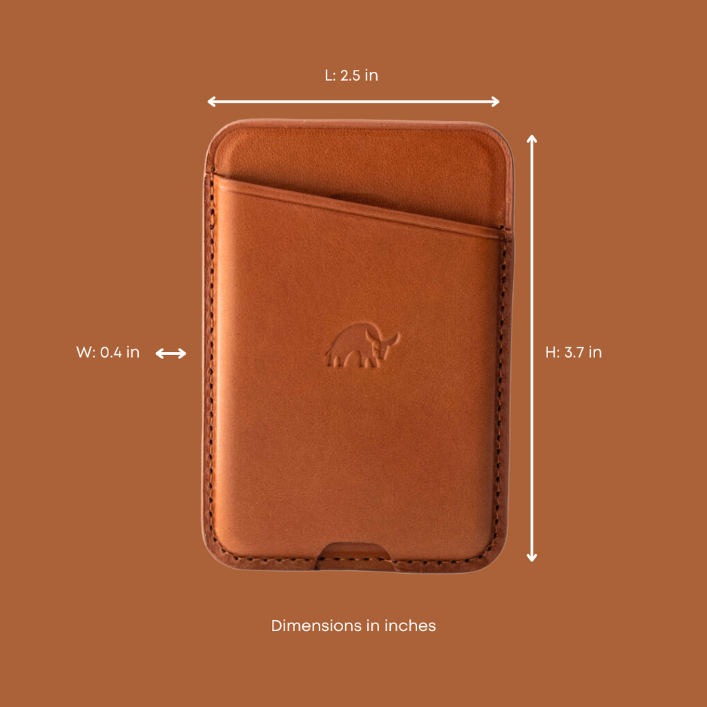 Sienna magnetic popper leather wallet with embossed elephant logo, L: 2.5 in; W: 0.4 in; H: 3.7 in; Dimensions in inches