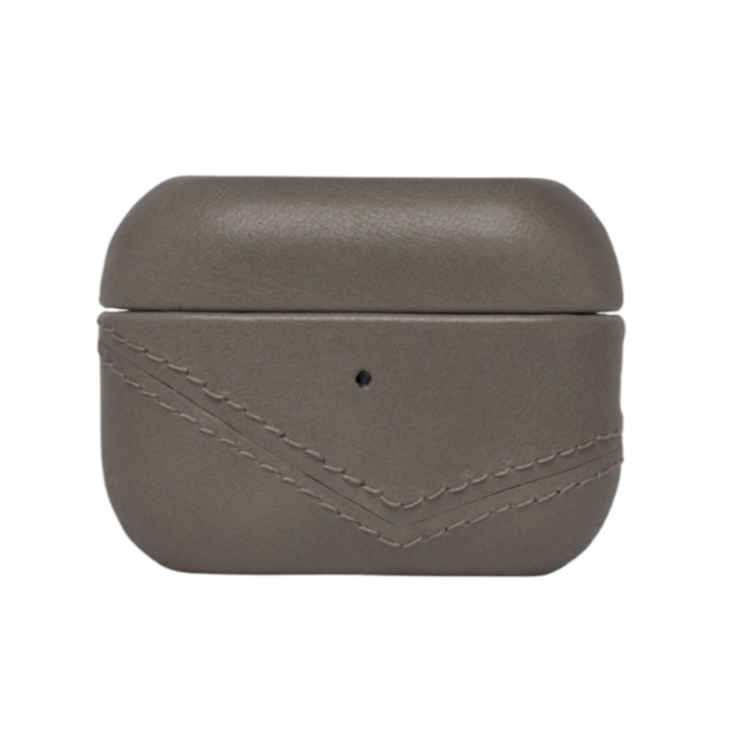 Gray leather AirPods case with stitched design