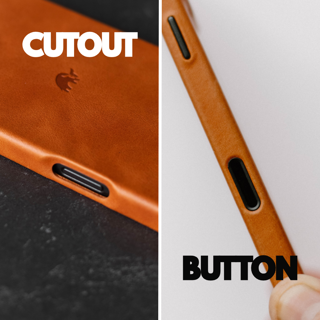 Close-up views of a brown leather phone case showing a cutout for a button, with the words 'CUTOUT' and 'BUTTON' visible in bold white and black text respectively.
