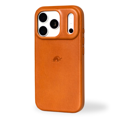 Sienna leather iPhone case with raised camera surround and bullstrap logo