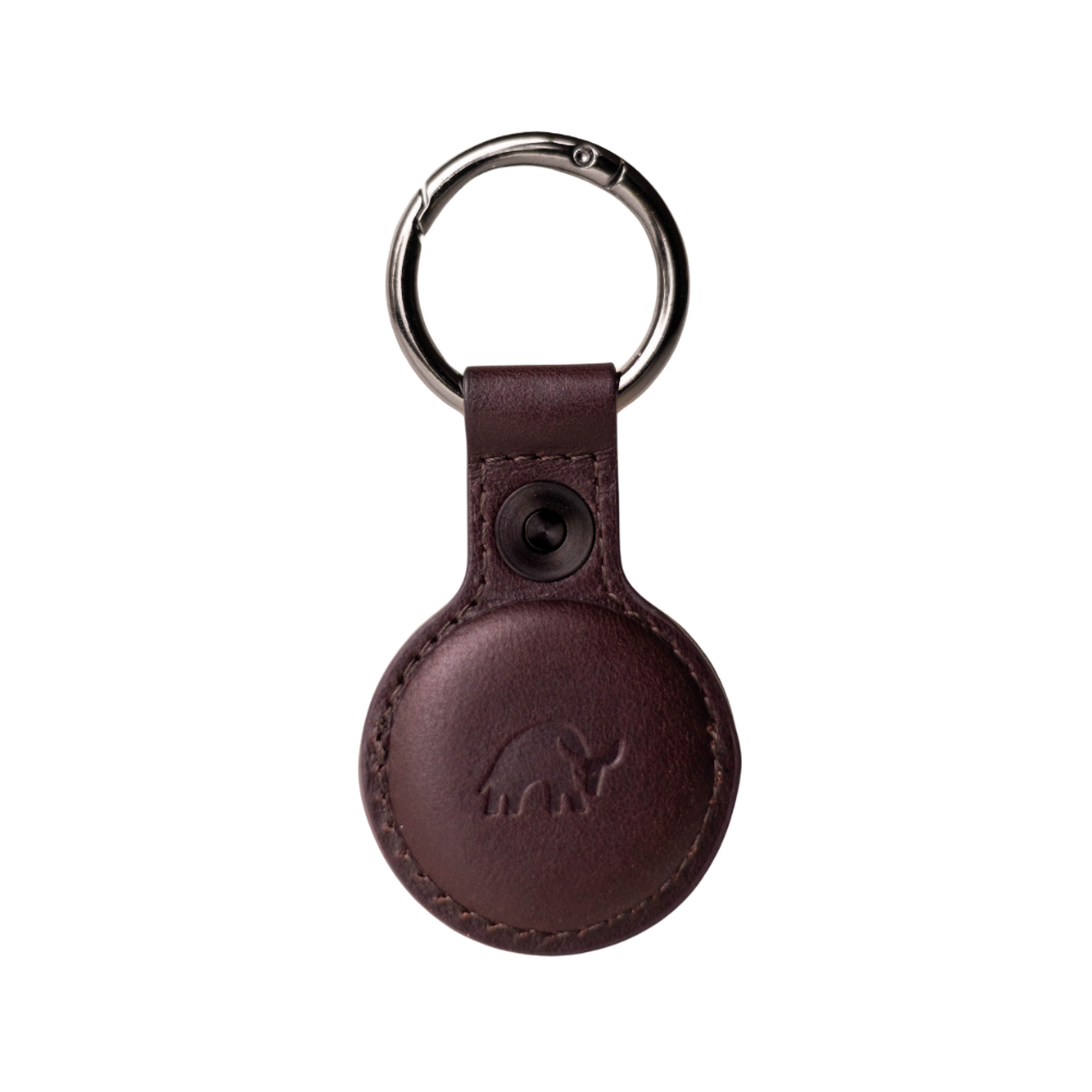 Brown leather BullTag keychain for AirTag with a bull logo
