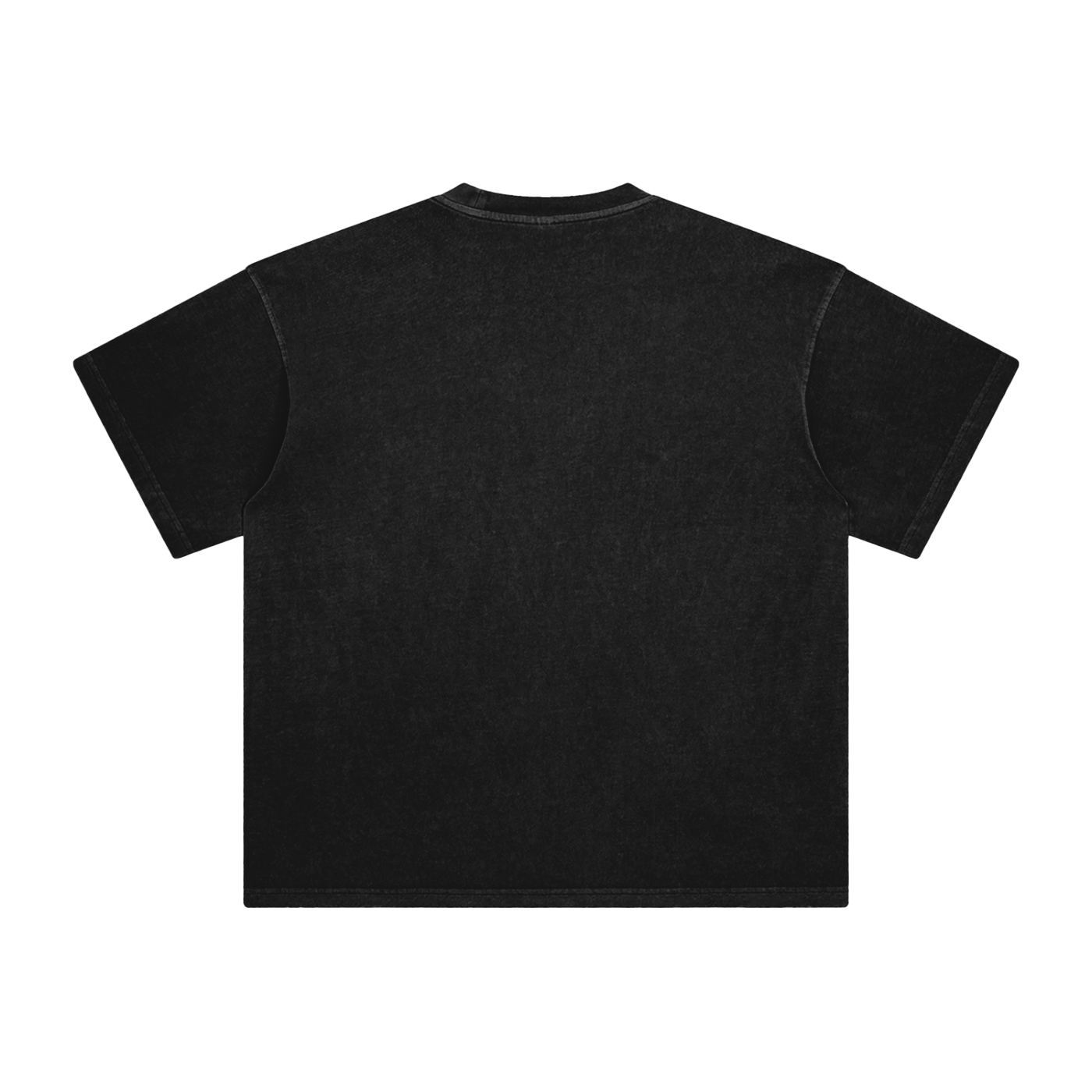 Back view of charcoal washed crew-neck t-shirt laid flat, short sleeves, no graphics.