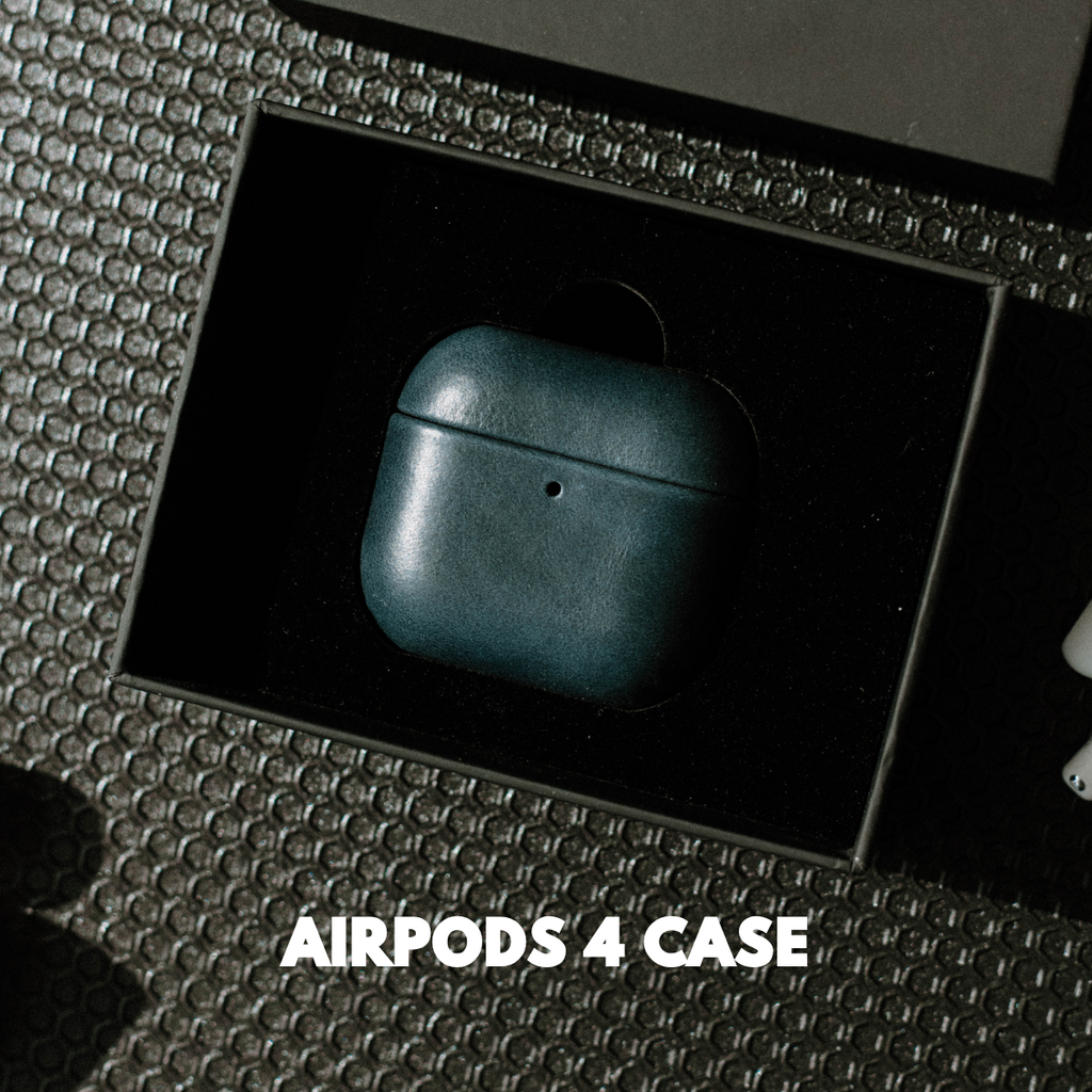 AirPods 4 case in leather, color OCEAN, displayed in a box.