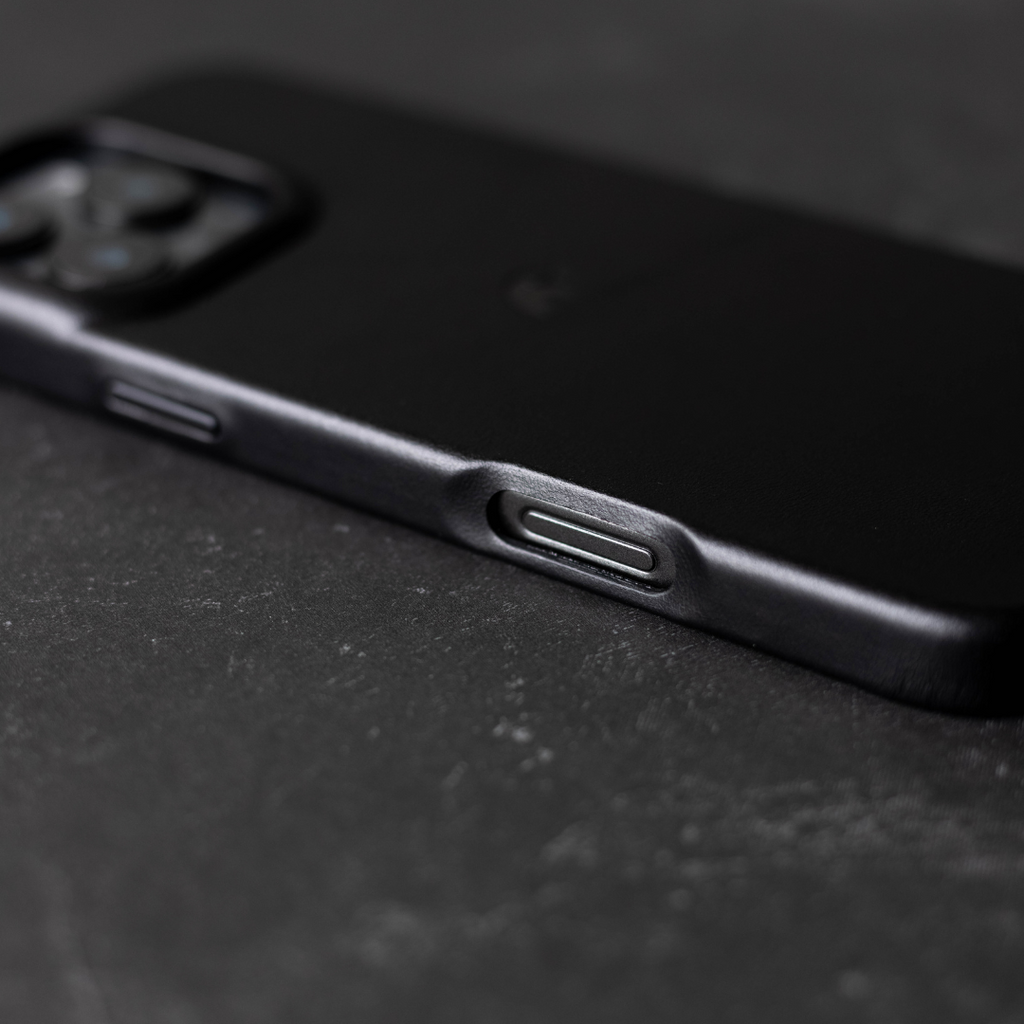 Close-up of a black minimalist phone case showing the side power button and camera cutout