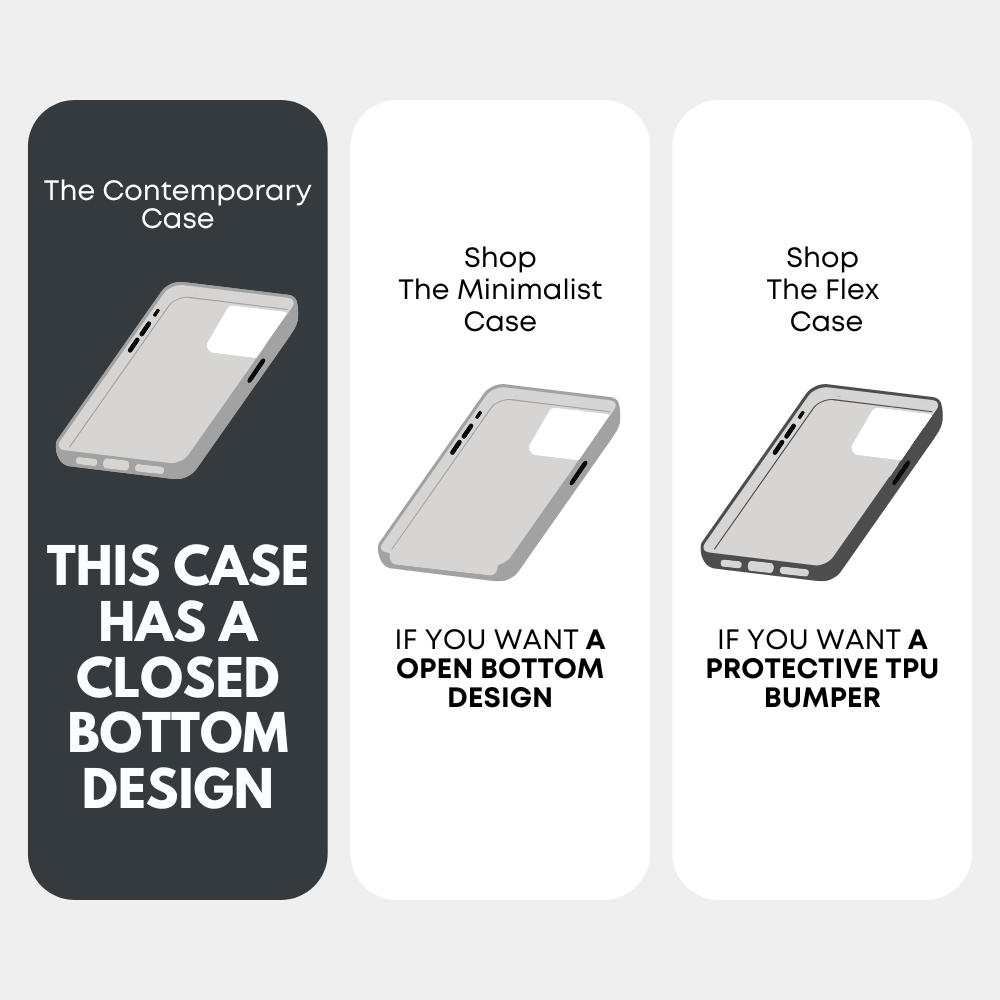 Three vertical panels comparing cases: Contemporary (closed bottom), Minimalist (open bottom), Flex (protective TPU bumper)