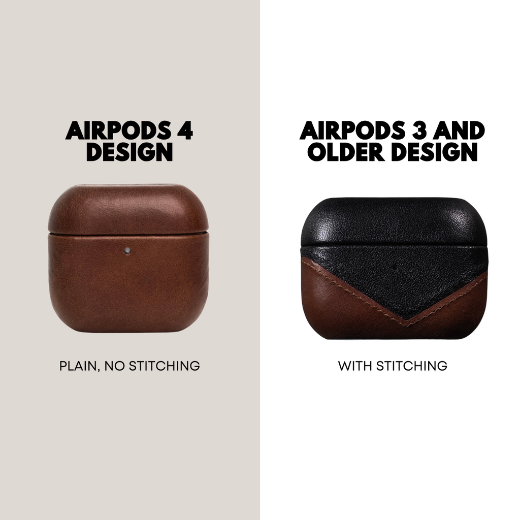 AIRPODS 4 DESIGN (left) PLAIN, NO STITCHING; AIRPODS 3 AND OLDER DESIGN (right) WITH STITCHING — two leather AirPods cases.