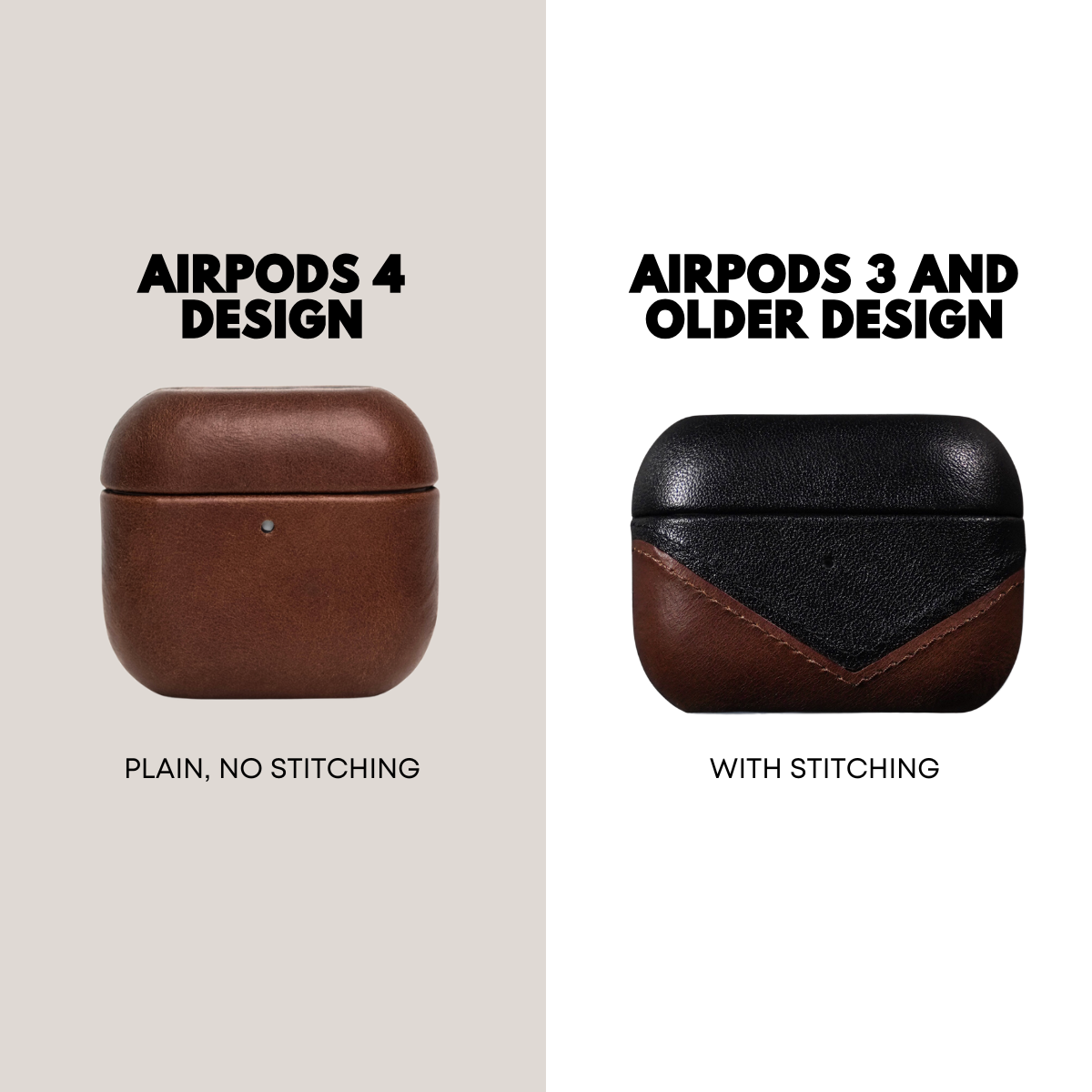 AIRPODS 4 DESIGN (left) PLAIN, NO STITCHING; AIRPODS 3 AND OLDER DESIGN (right) WITH STITCHING — two leather AirPods cases.