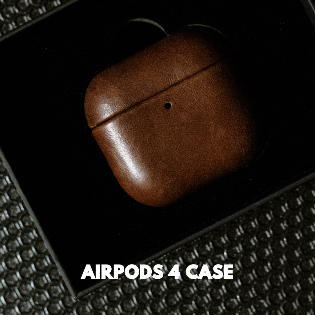 Brown leather AirPods 4 Case (Terra) in black tray, including the visible words AIRPODS 4 CASE.