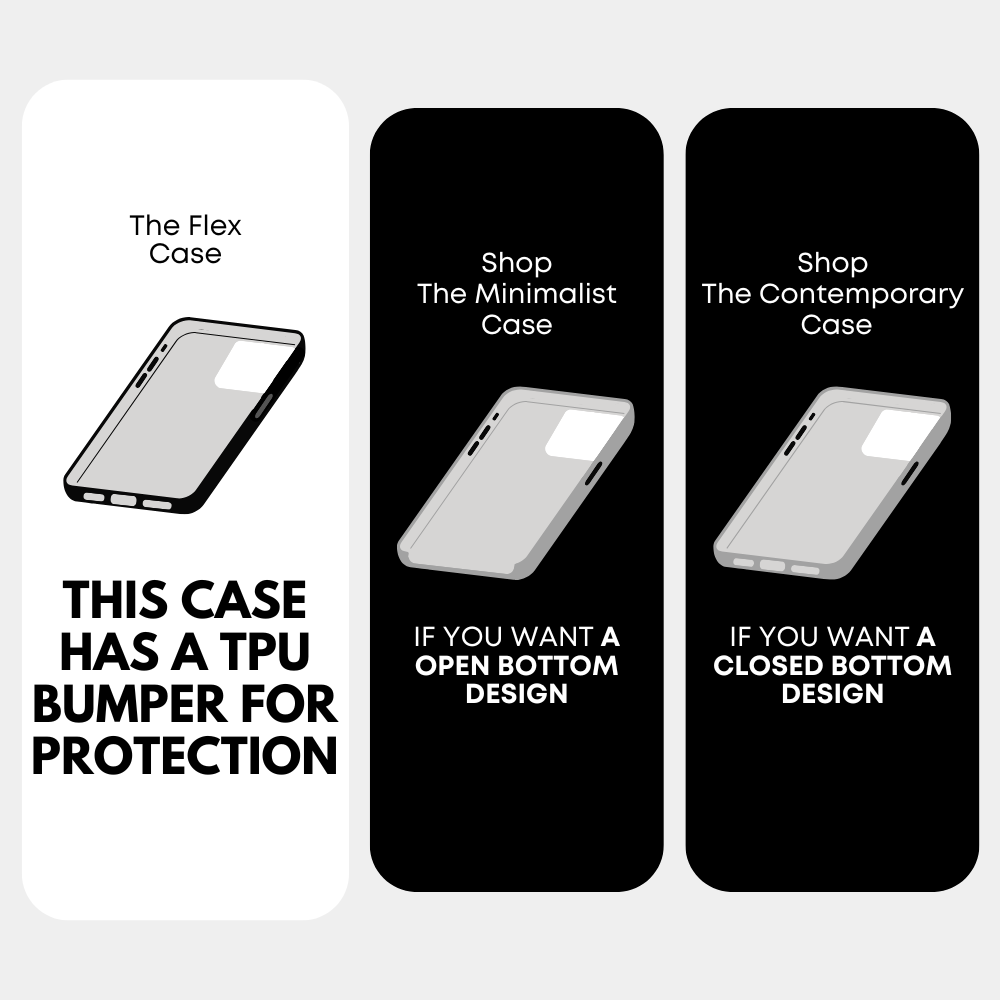 The Flex Case with TPU bumper for protection, featuring options for minimalist and contemporary designs.