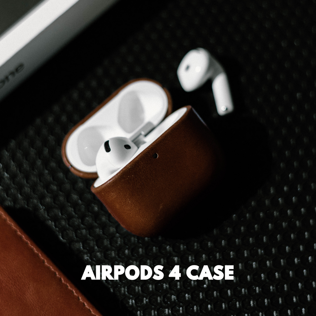 Brown leather AirPods charging case with one earbud visible — AIRPODS 4 CASE