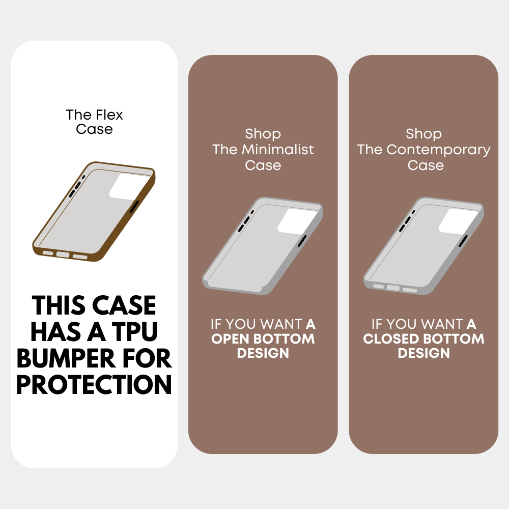 Three-panel case comparison: brown-bumper Flex Case, gray Minimalist case (open bottom), gray Contemporary case (closed bottom)