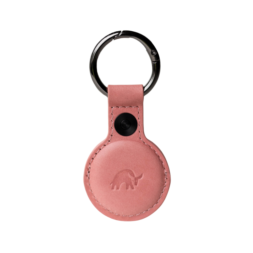 Pink leather BullTag for AirTag with a bull logo