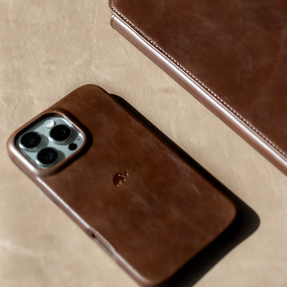 The Flex Case in Terra color, showcasing its leather texture and design.