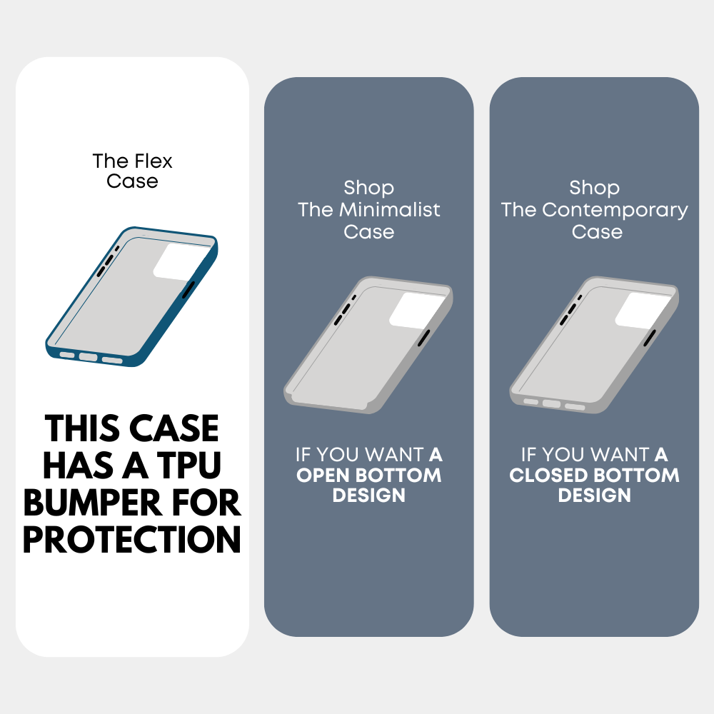 Left: The Flex Case; THIS CASE HAS A TPU BUMPER FOR PROTECTION. Middle: Shop The Minimalist Case; IF YOU WANT A OPEN BOTTOM DESIGN. Right: Shop The Contemporary Case; IF YOU WANT A CLOSED BOTTOM DESIGN
