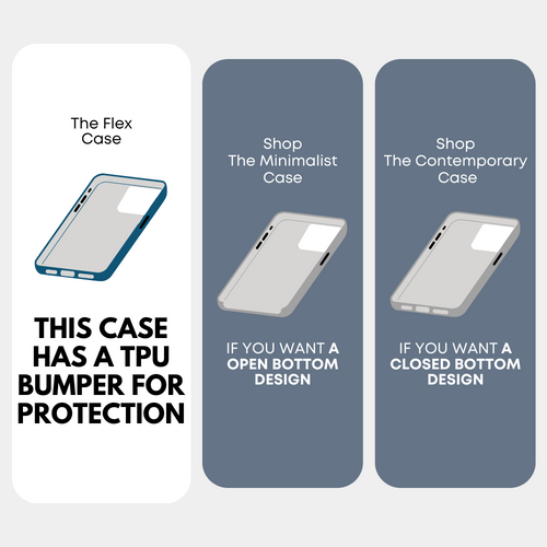 The Flex Case with TPU bumper for protection, featuring options for minimalist and contemporary designs.