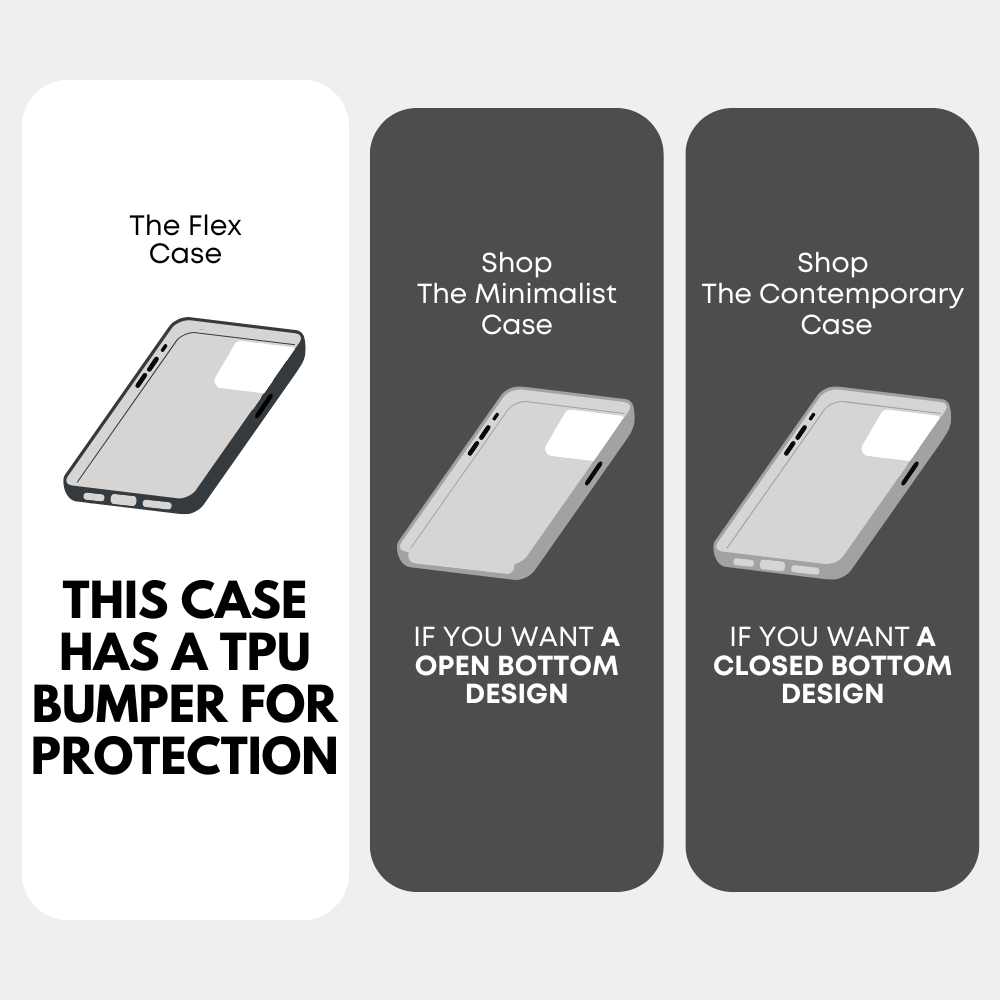 Three clear phone cases: Flex case with TPU bumper, Minimalist open-bottom, Contemporary closed-bottom.