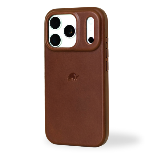 Brown leather iPhone case with raised camera surround and small embossed camel logo