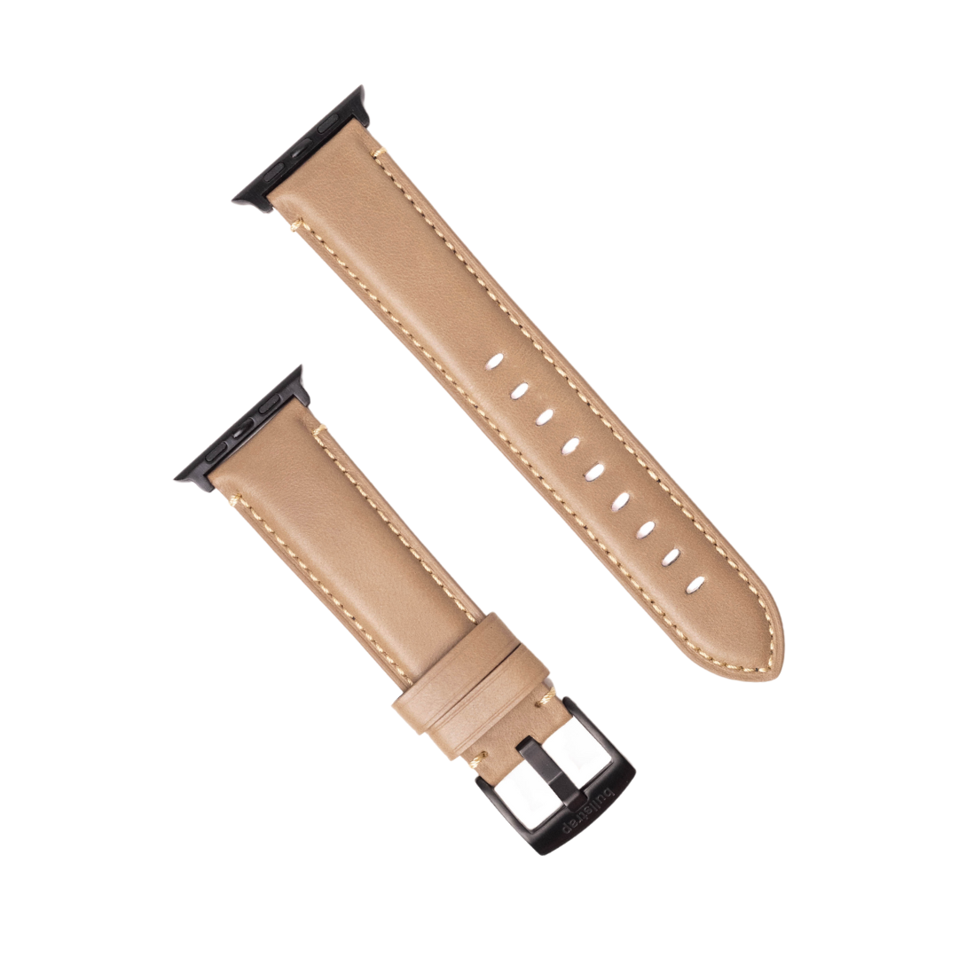 Leather Apple Watch Strap - Dune, featuring a tan leather design with a black buckle.