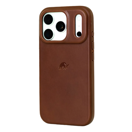 Angled rear view of The Flex Case in Terra brown leather showing raised camera lip, embossed elephant logo and side buttons