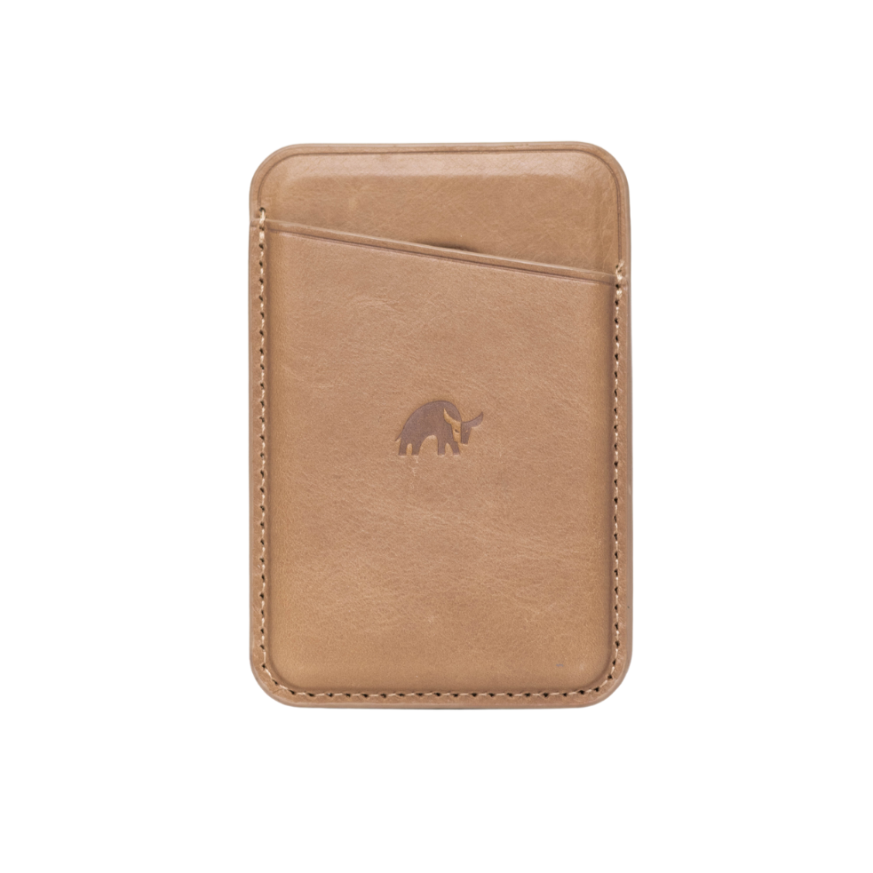 Leather Magnetic Wallet in Dune, featuring a card slot and embossed logo