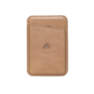 Leather Magnetic Wallet in Dune, featuring a card slot and embossed logo