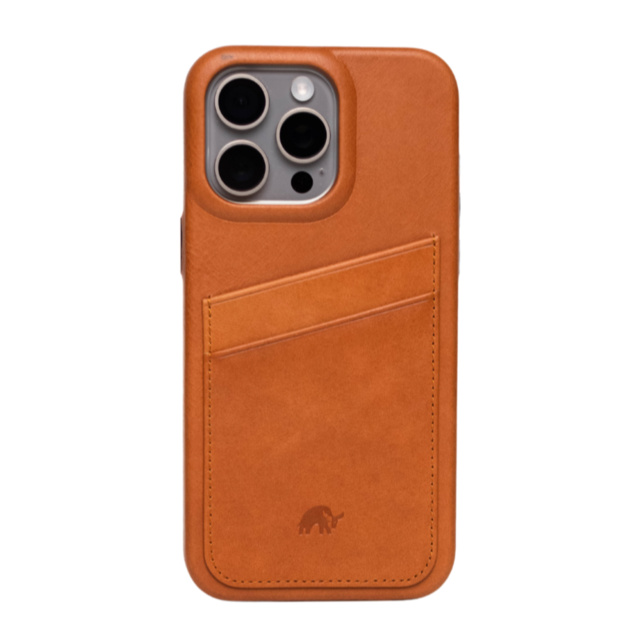 Back view of Minimalist Portfolio Case in Sienna with two angled card slots and embossed elephant logo on white background
