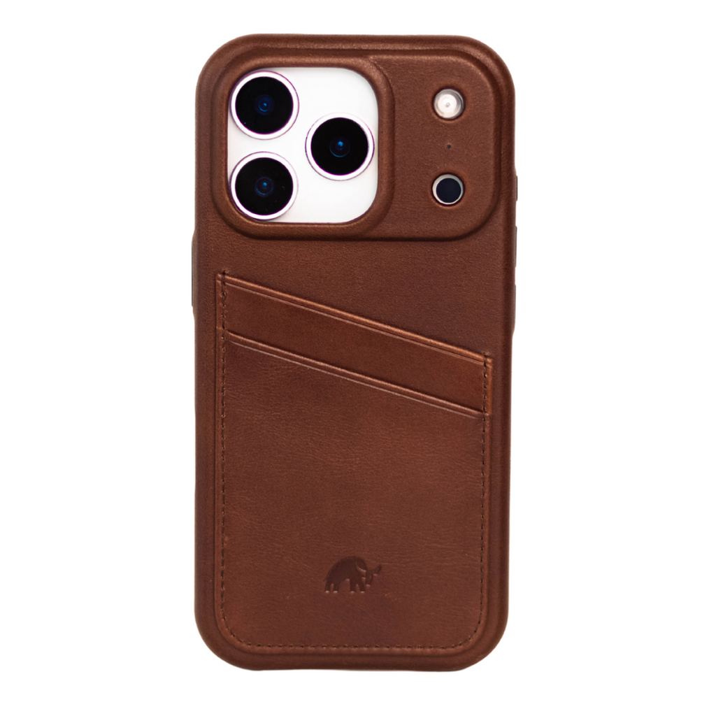 Minimalist leather portfolio iPhone case (Terra brown) with two diagonal card slots and Bullstrap logo