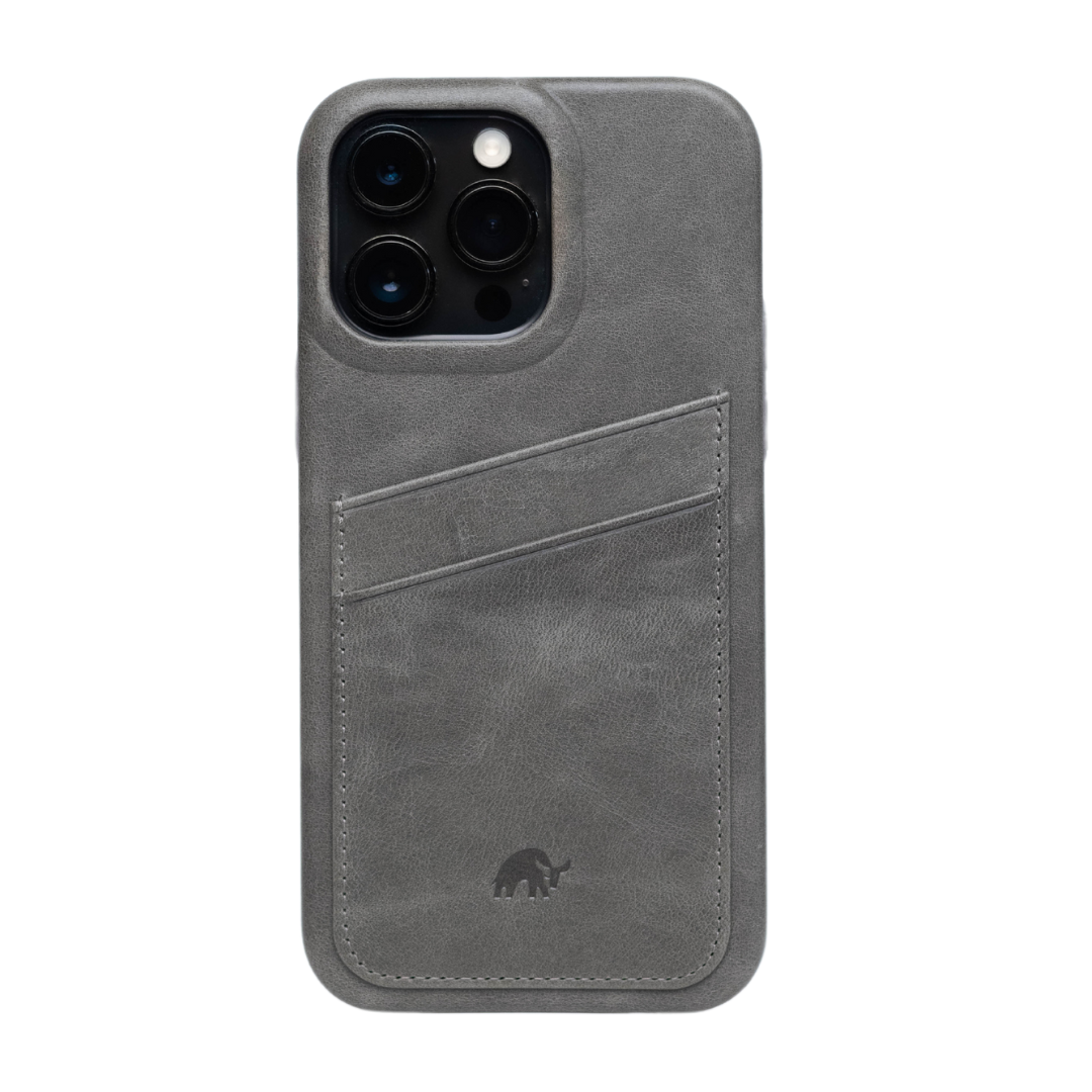 Back view of slate Minimalist Portfolio Case with diagonal card pocket, stitched edges, embossed elephant logo on white