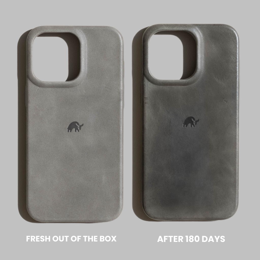 Comparison of The Flex Case - SLATE fresh out of the box and after 180 days of use, showing color change and texture.