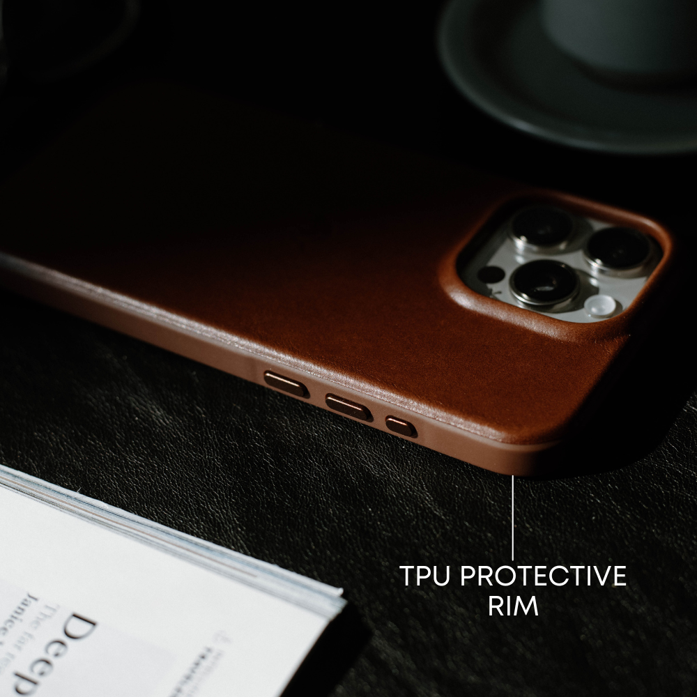 Brown TERRA Flex phone case with raised camera cutout; label reads TPU PROTECTIVE RIM