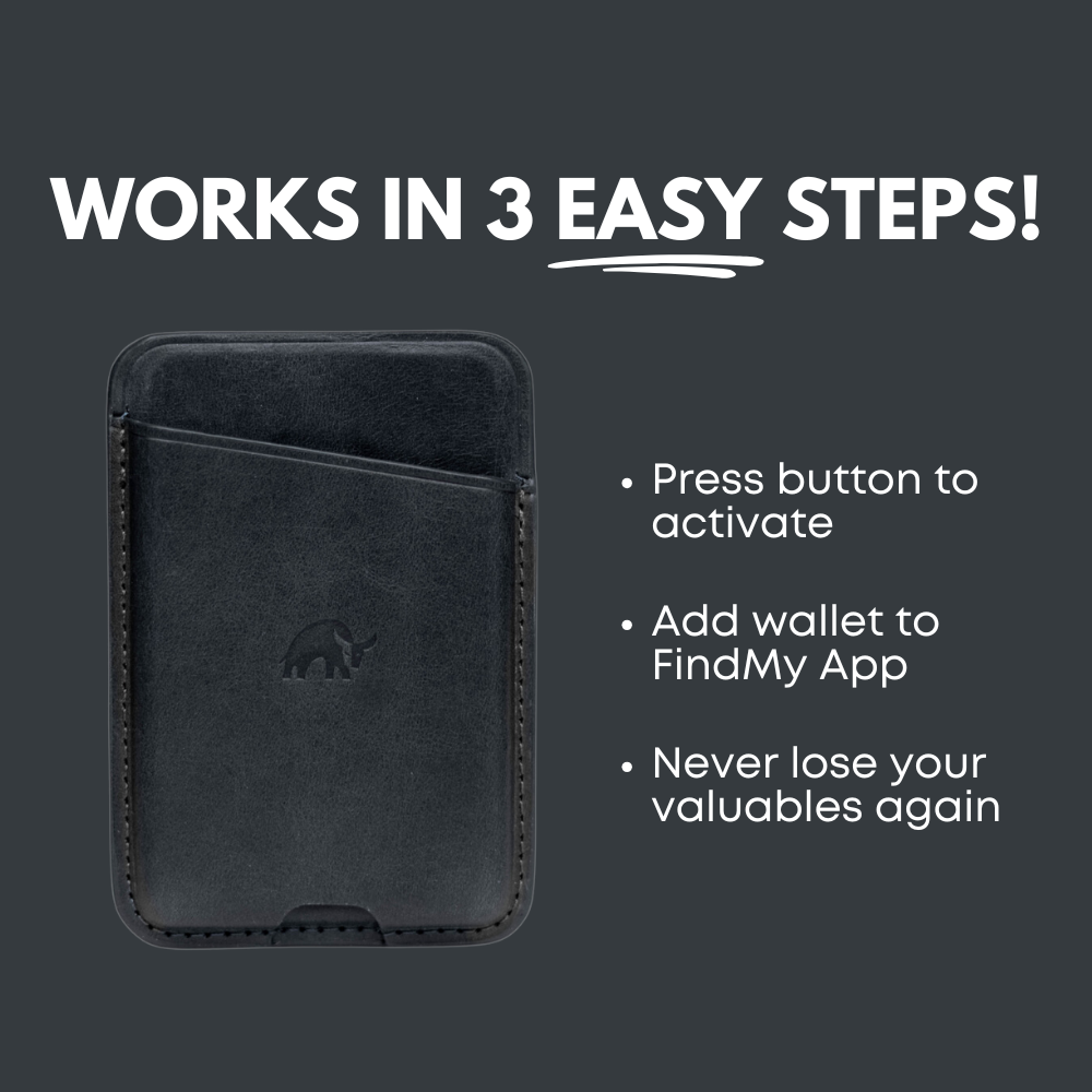 Leather NavSafe Wallet with instructions: Press button to activate, Add wallet to Find My App, Never lose your valuables again