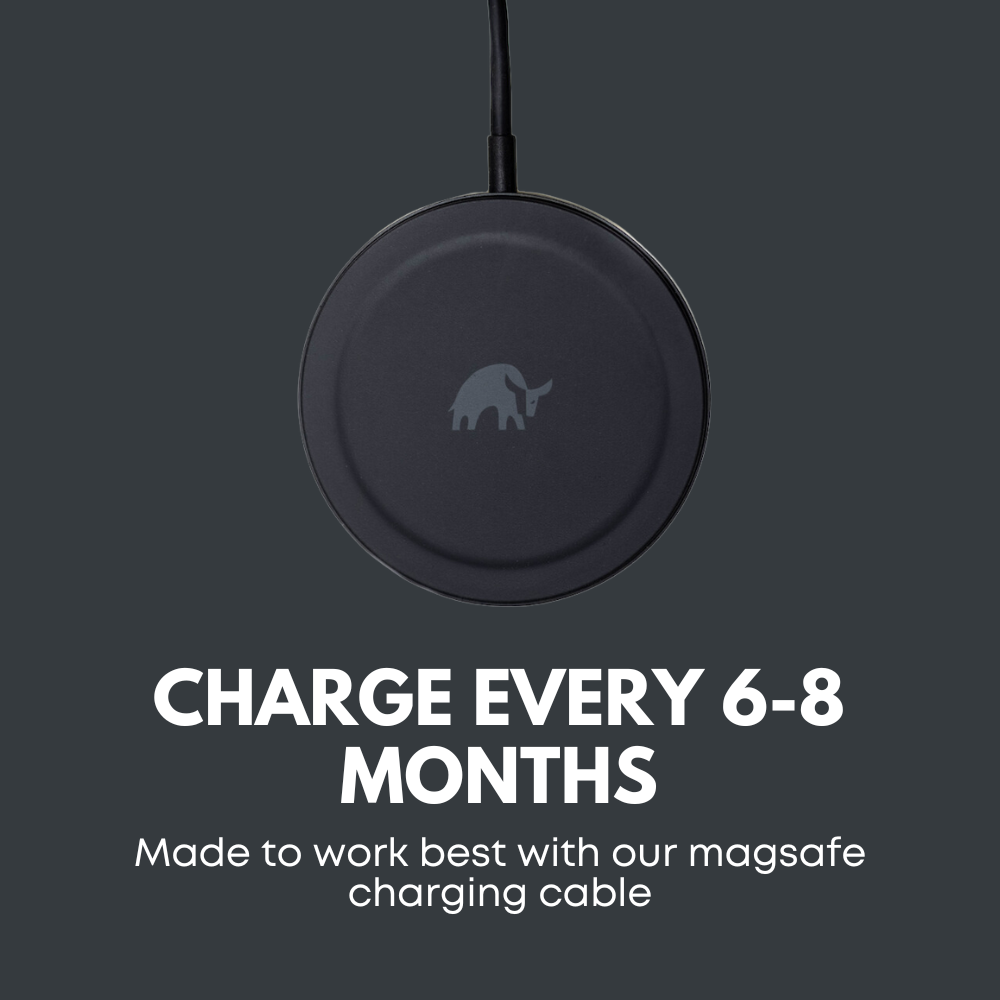 MagSafe charger with text: 'CHARGE EVERY 6-8 MONTHS' and 'Made to work best with our magsafe charging cable'