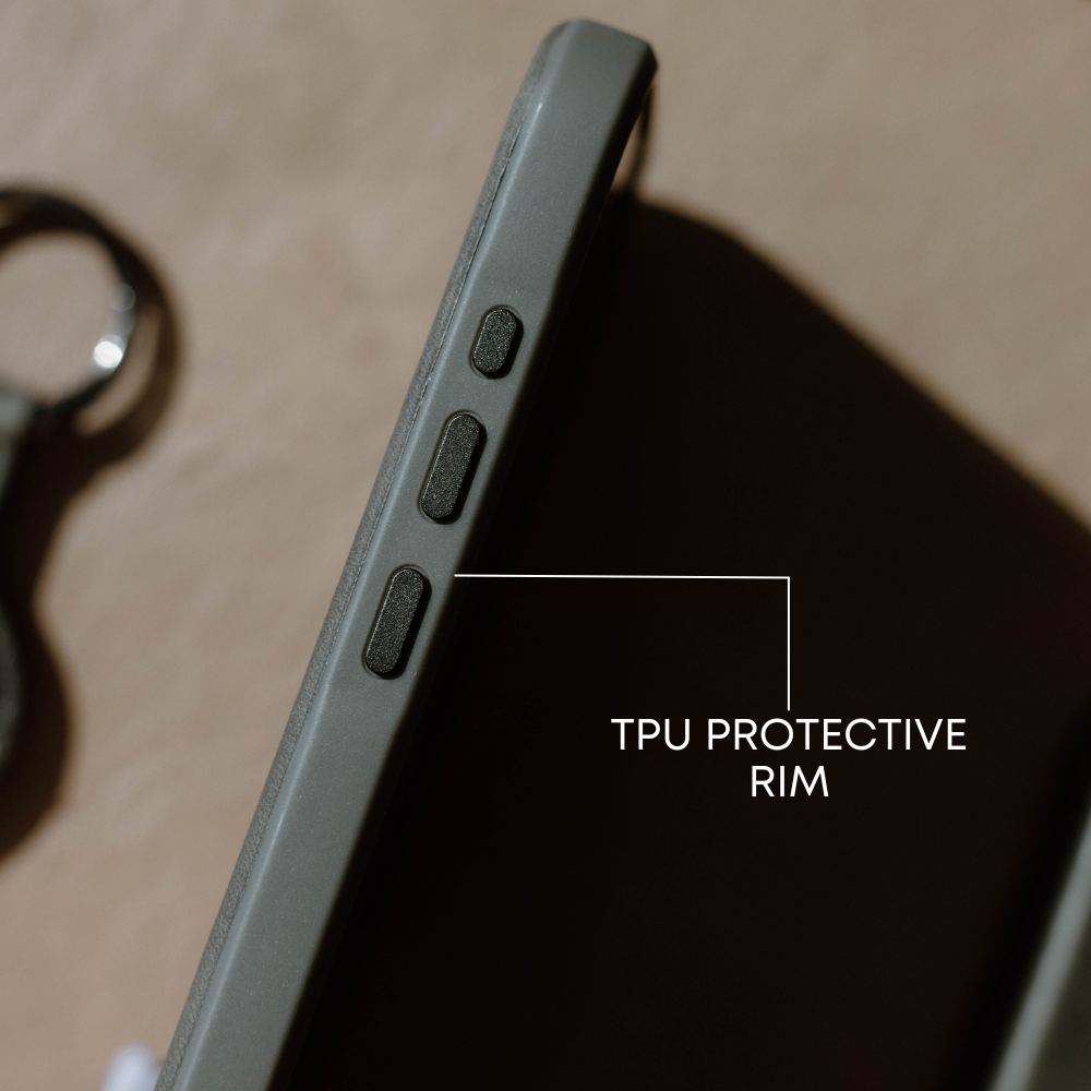 Side view of phone case rim with three textured volume buttons; overlaid label reads 'TPU PROTECTIVE RIM'.