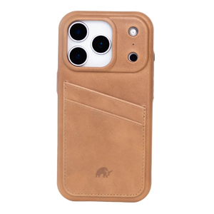 Minimalist leather phone wallet case, Dune tan, two diagonal rear card slots and small embossed animal logo.