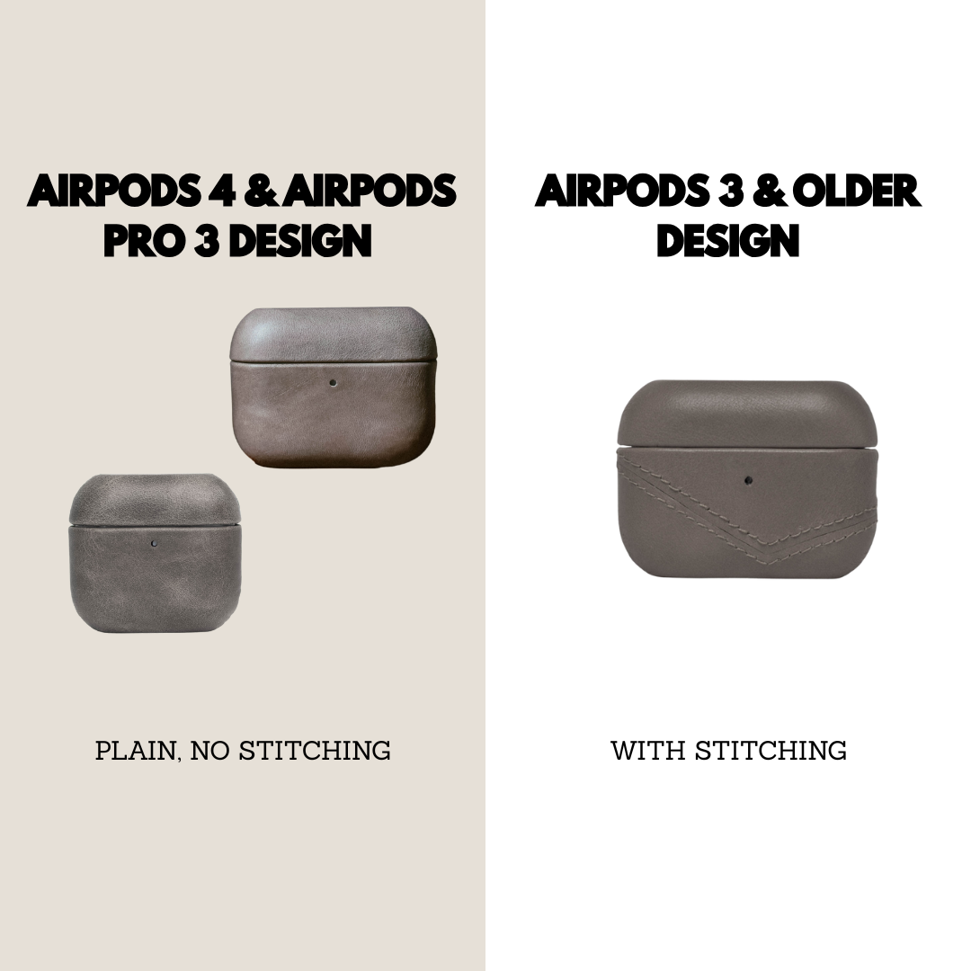 AIRPODS 4 & AIRPODS PRO 3 DESIGN; AIRPODS 3 & OLDER DESIGN; PLAIN, NO STITCHING; WITH STITCHING — slate leather cases, plain left stitched right