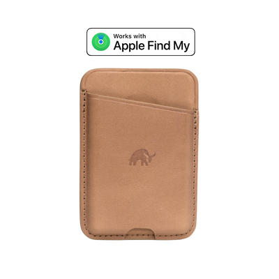 Tan leather magnetic card wallet with embossed Bullstrap logo and top card pocket. Works with Apple Find My