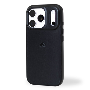 Black leather phone case with raised camera surround and Bullstrap logo