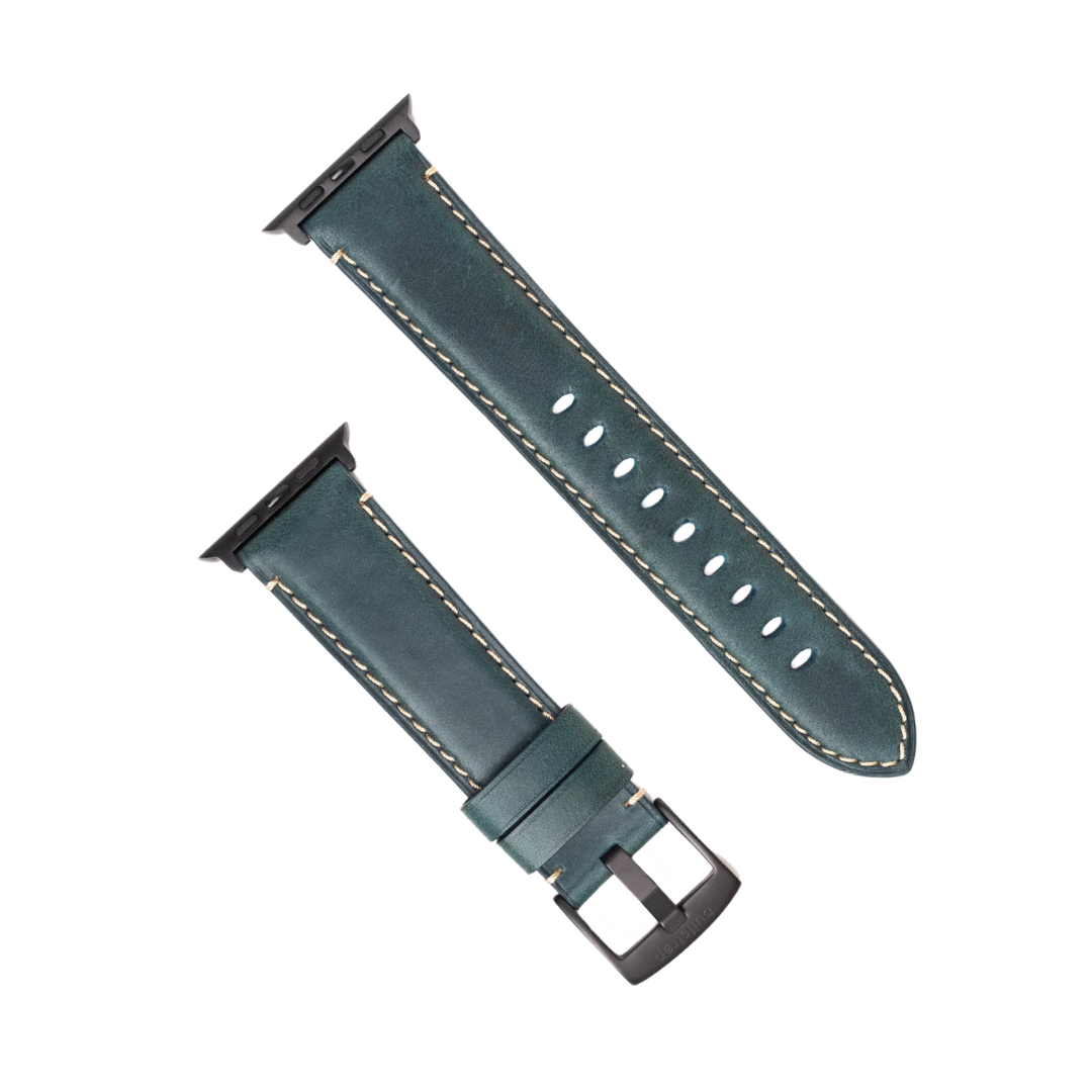 Leather Apple Watch Strap - Ocean, a green leather strap with a black buckle