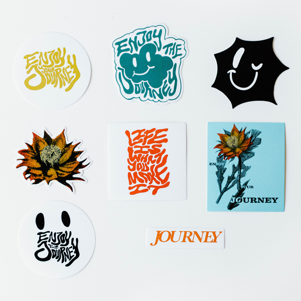 A collection of stickers featuring various designs and the text 'Enjoy Your Journey' and 'JOURNEY'.