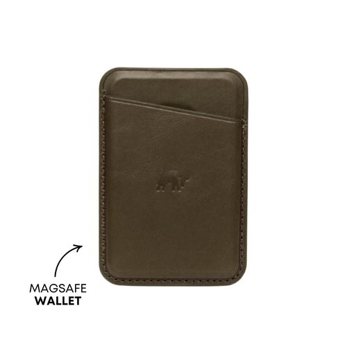 Brown leather MAGSAFE WALLET with diagonal card slot and embossed elephant logo