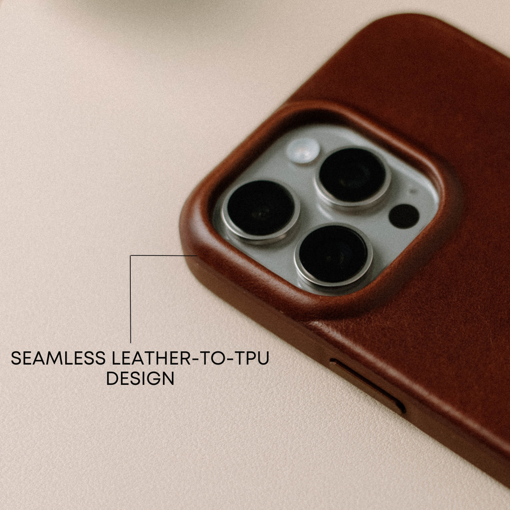 Close-up of the Flex Case showing seamless leather-to-TPU design with text: 'SEAMLESS LEATHER-TO-TPU DESIGN'