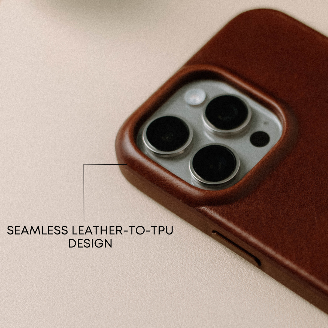 Close-up of the Flex Case showing seamless leather-to-TPU design with text: 'SEAMLESS LEATHER-TO-TPU DESIGN'