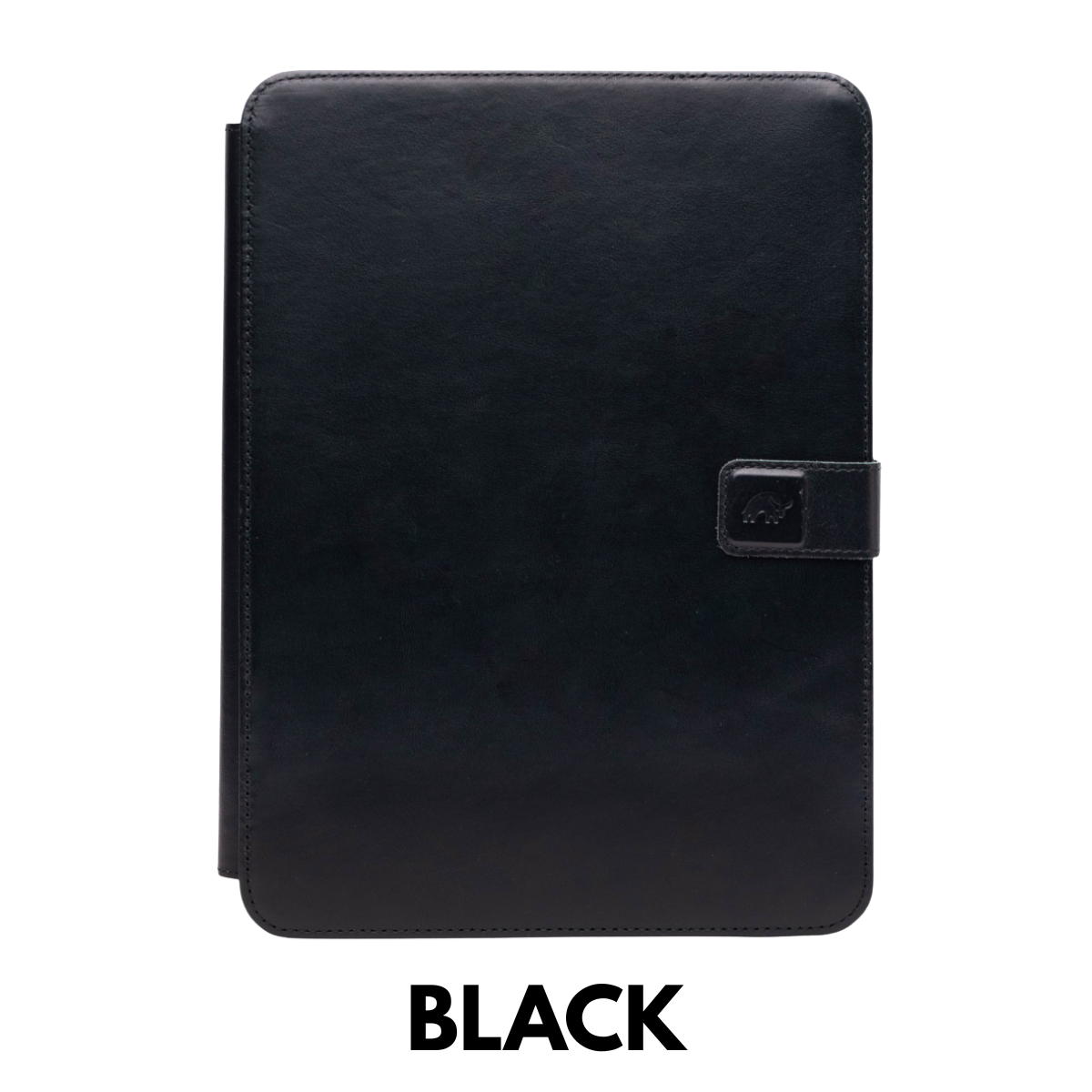 Black leather folio iPad case with magnetic strap and stitched edges, BLACK label visible.