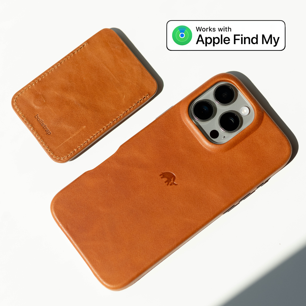 Tan leather iPhone case and matching card wallet; Works with Apple Find My; bullstrap embossed on wallet