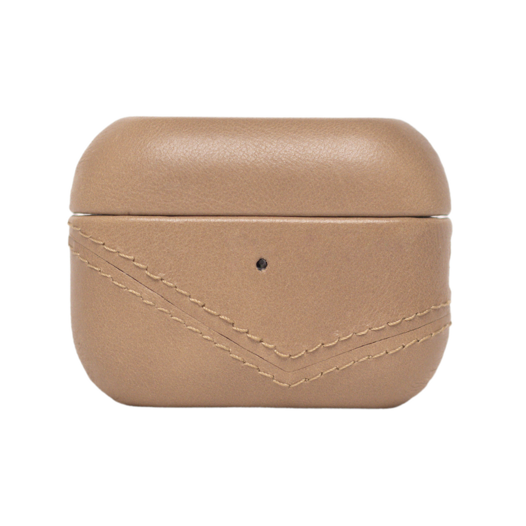 Leather AirPods case in beige with stitching details