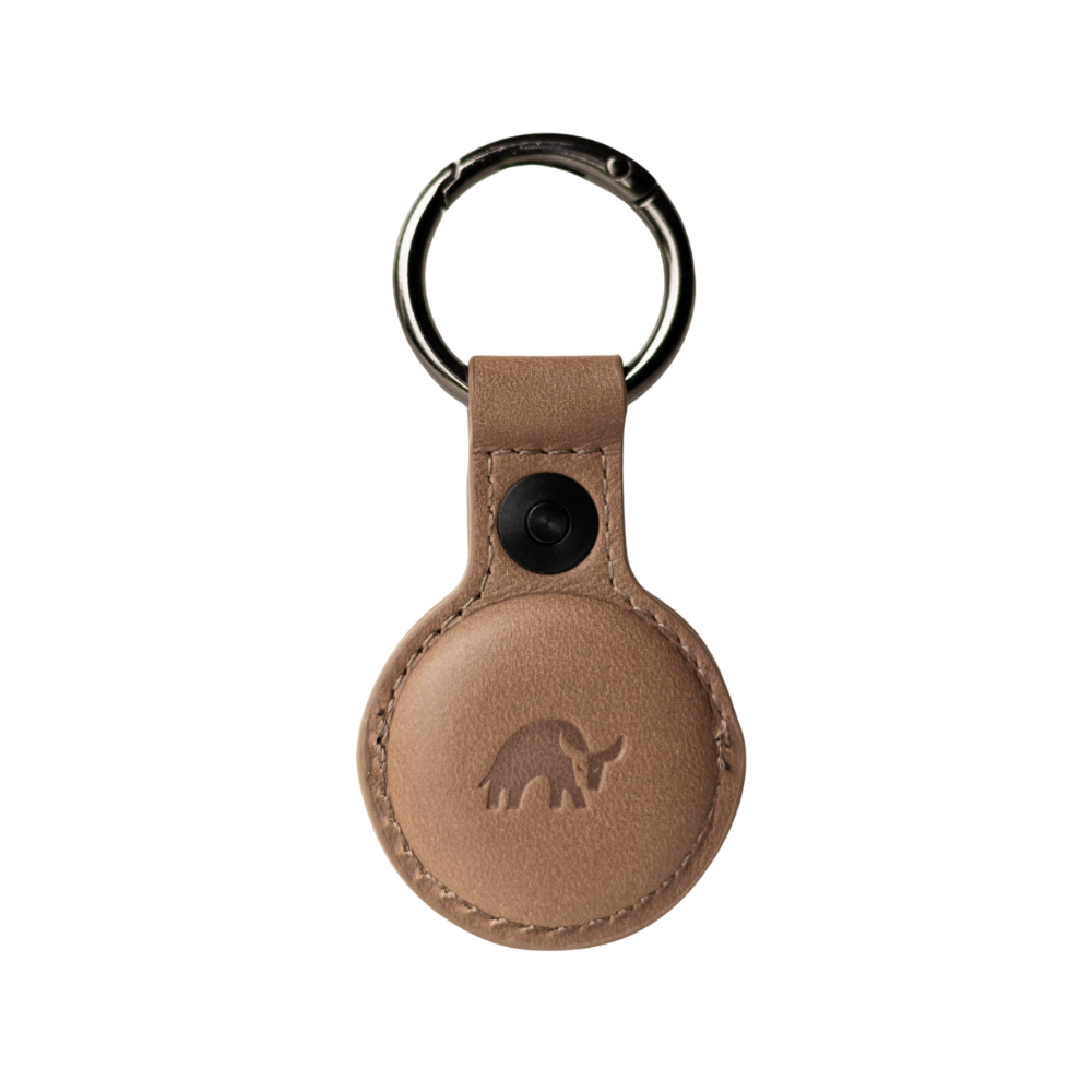 Brown leather BullTag for AirTag with a bull logo